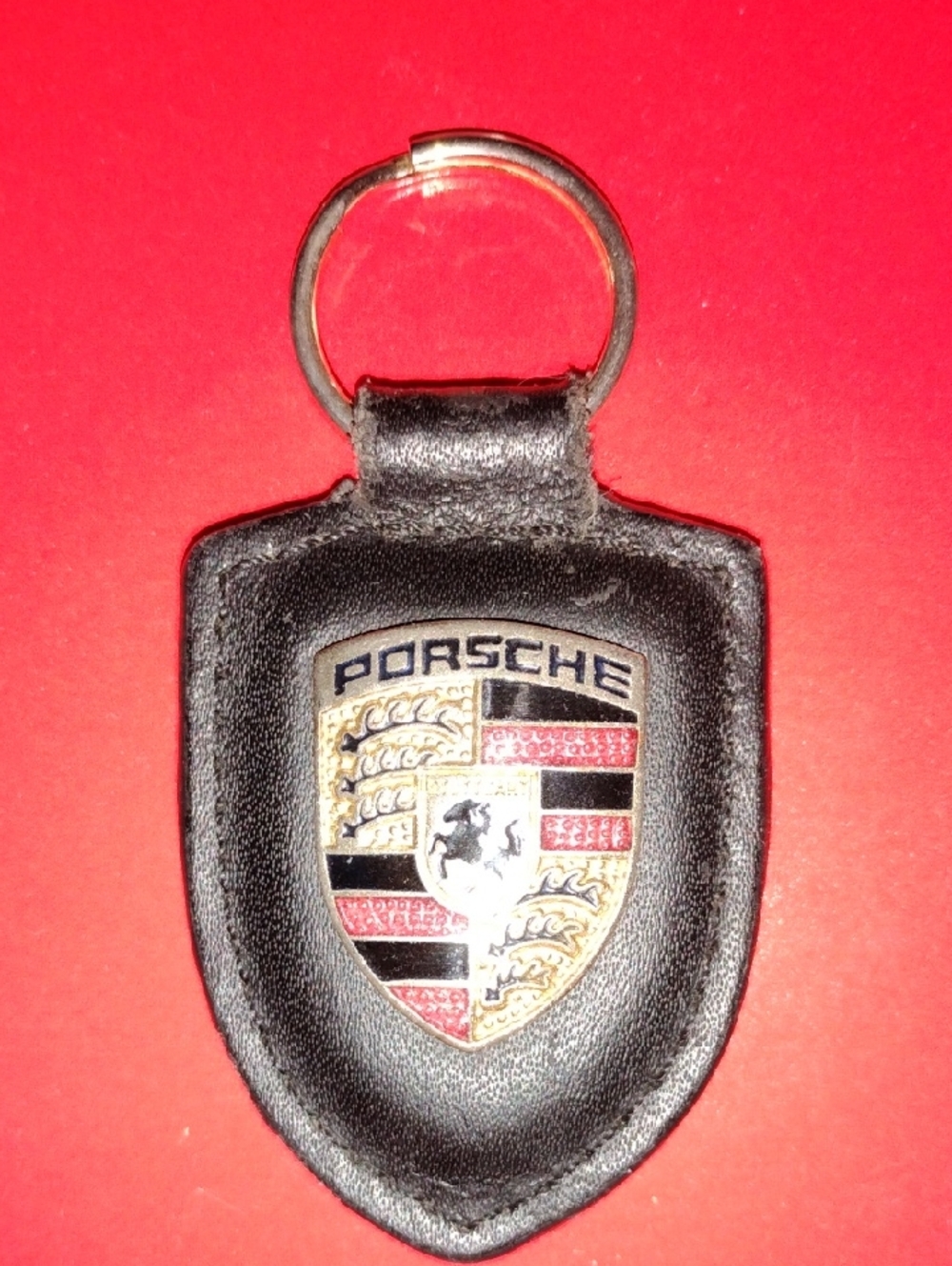 Porsche Leather Key Fob with Crest - Black and Red